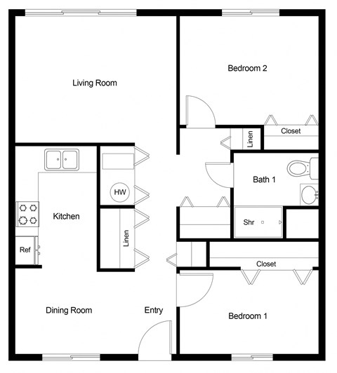 Floor plan for 2 beds, 1 bath, 832 sqft